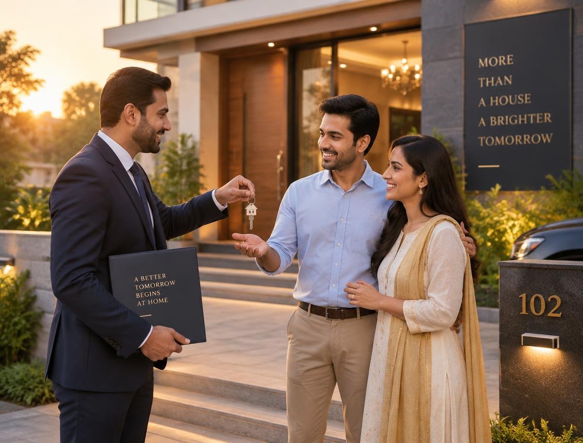Real estate consultant handing keys to happy homeowners through Aradhya Real Estate Agency